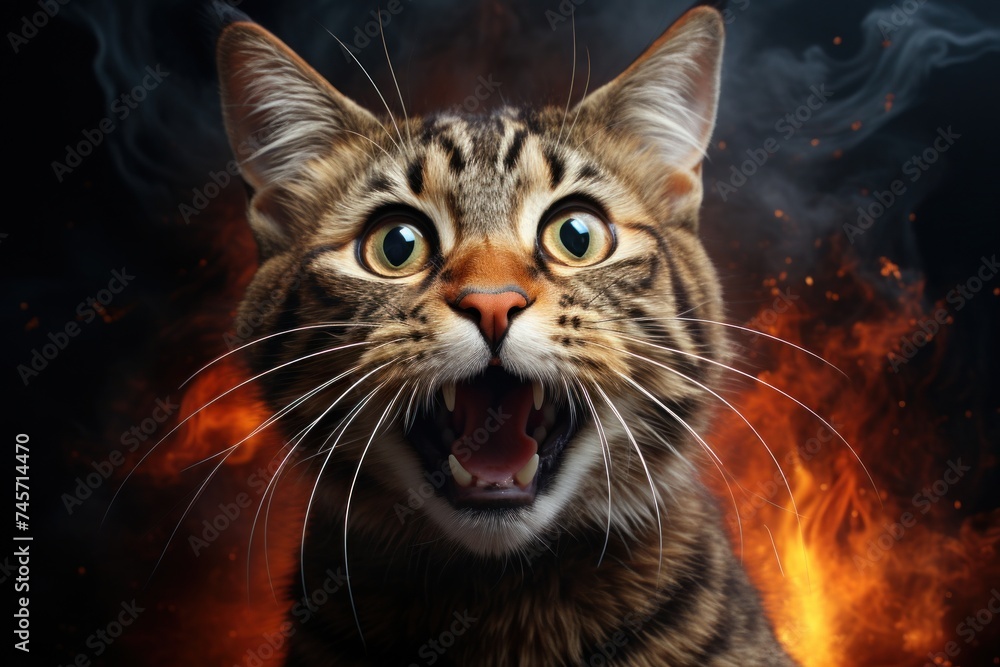Tabby cat with mouth open by fire. Generative AI