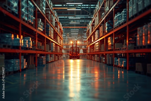 Busy warehouse filled with shelves. Generative AI