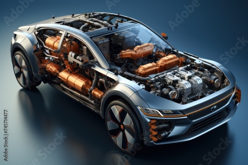 Electric car with open hood revealing chassis. Generative AI © Uliana