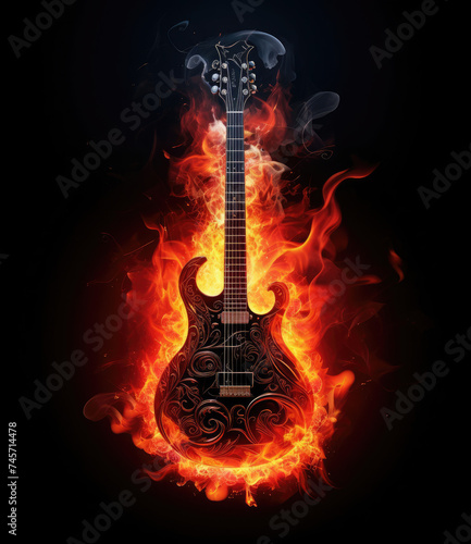 Guitar Engulfed in Flames on Black Background