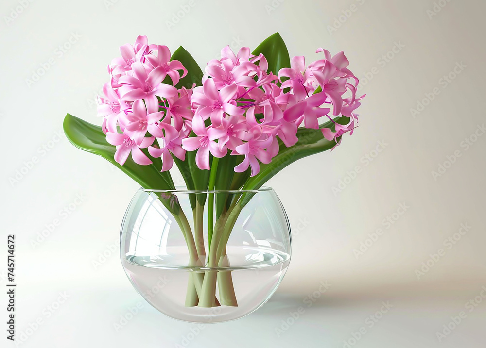Water hyacinth growing in glass vase with water.