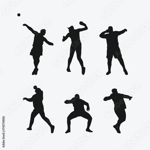 Vector set silhouettes of shot put thrower, athletes. sports, athletics, competition theme. Isolated on white background.