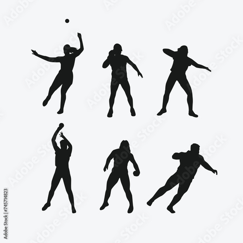 Vector set silhouettes of shot put thrower, athletes. sports, athletics, competition theme. Isolated on white background.