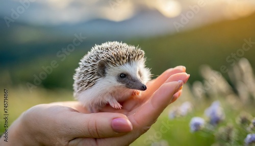 A cute hedgehog sitting in a hand, on a palm