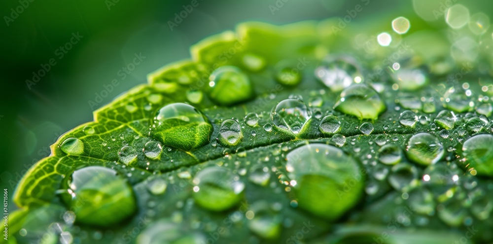 Close-up macro perspective of a green leaf with large, beautiful drops of transparent rainwater