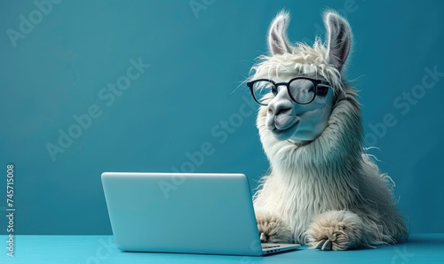 A llama attending a virtual meeting on a laptop, looking utterly confused