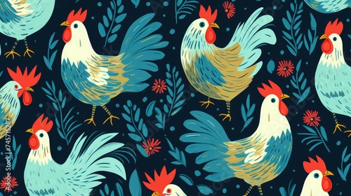 Pattern with roosters and hens in blue colors  © Ari