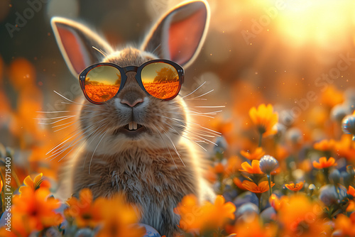 Easter bunny in sunglasses sitting surrounded spring flowers on the meadow, free space