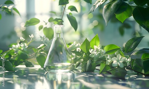 A clear glass beaker and a conical flask surrounding vibrant green leaves 