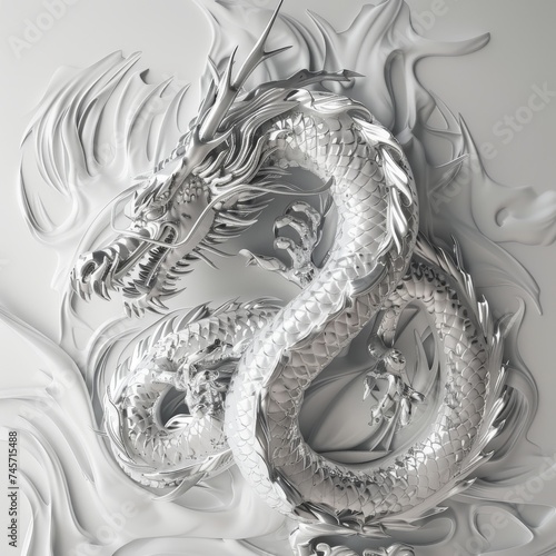 Monochrome 3D Render of a Mythical Dragon in a Serpentine Pose