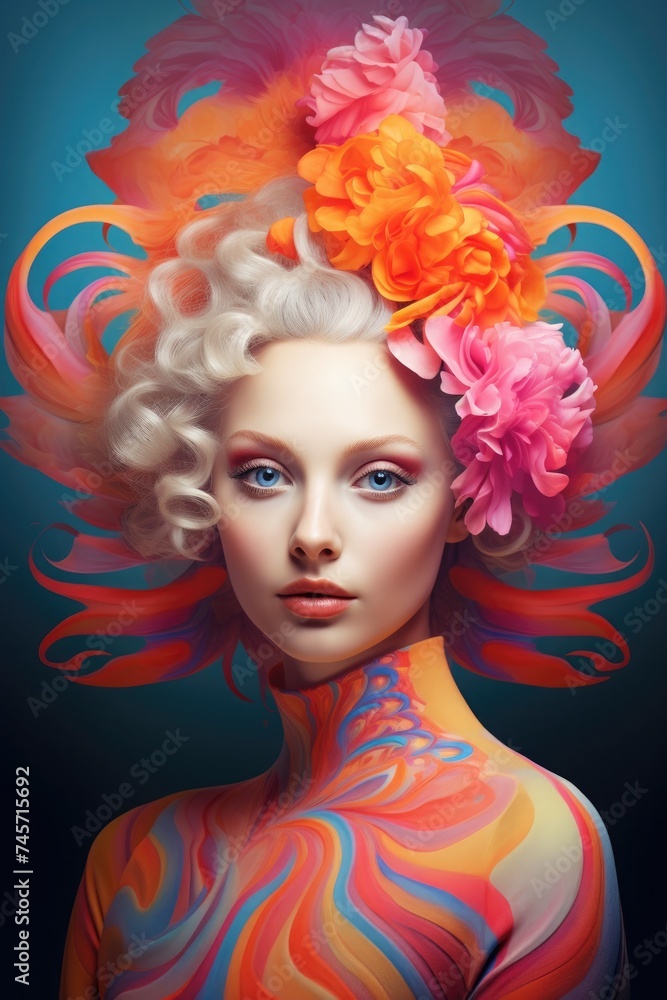 Surreal bright portrait of a blonde with flowers and colorful ribbons in her hair Surreal bright portrait of a blonde with flowers and colorful ribbons in her hair