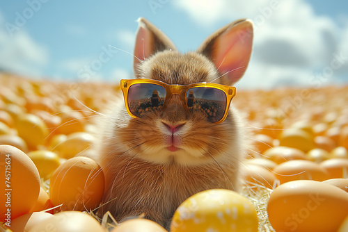 Easter bunny in sunglasses sitting surrounded easter eggs on the meadow