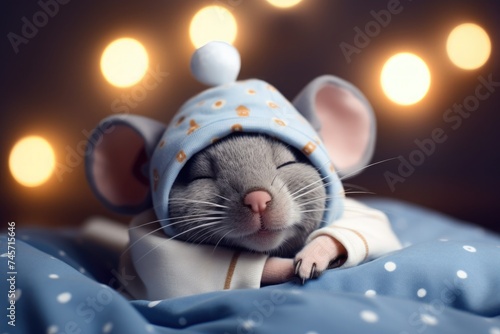 Baby mouse in blue pajamas and a cute hat with a pompom sleeps sweetly in a bed  photo