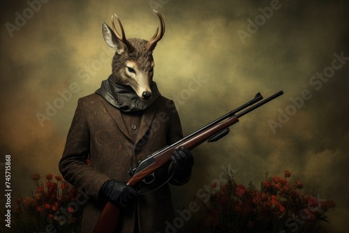 Anthropomorphic male roe deer in vintage clothes with a gun. Illegal hunting concept. Poaching photo