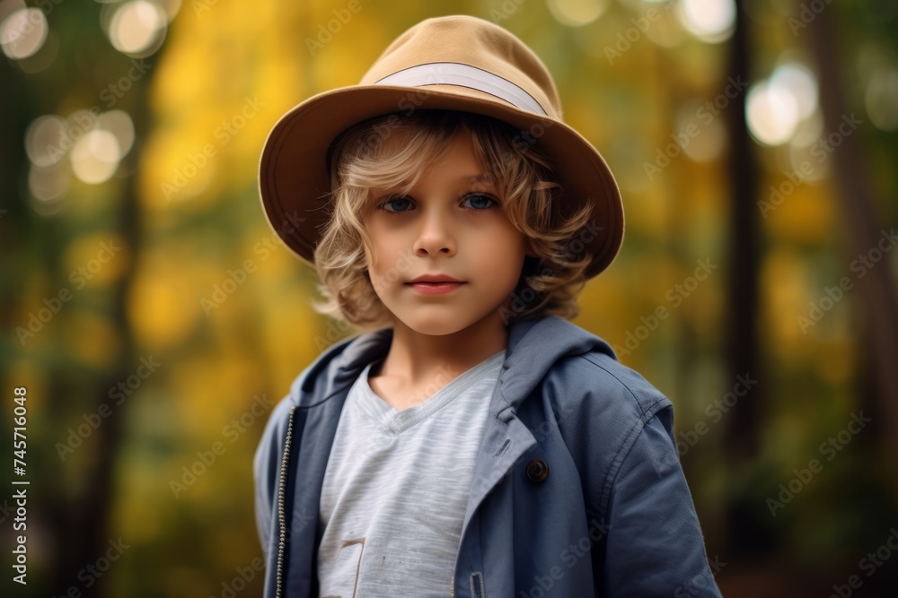 Portrait of a cute little boy in a hat on a background of autumn forest. Portrait of a cute little boy in a hat on a background of autumn forest.