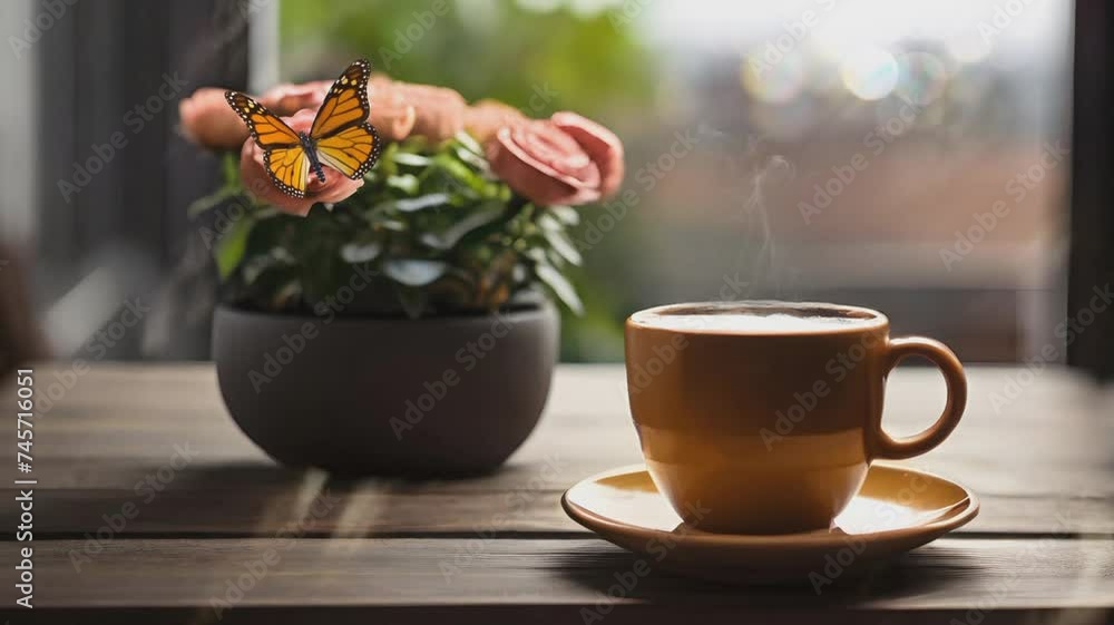 cup of coffee and flowers. seamless looping time-lapse animation video background cup of coffee and flowers. seamless looping time-lapse animation video background