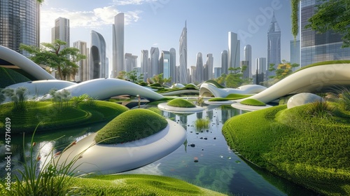 Futuristic Eco-City Park.A visionary city park design blending lush greenery with sleek, organic architectural forms. Water features. 