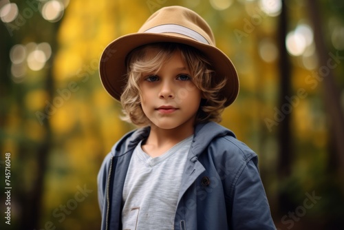 Portrait of a cute little boy in a hat on a background of autumn forest. © Iigo
