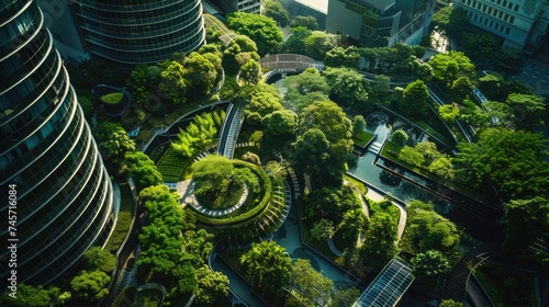 Eco-Futuristic Cityscape. An aerial view of a lush rooftop garden nestled between futuristic high-rises. Copy space