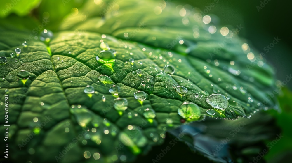 Macro view of beautiful drops of transparent rainwater adorning a green leaf Macro view of beautiful drops of transparent rainwater adorning a green leaf