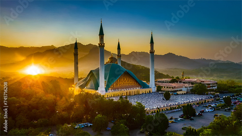 Beautiful Faisal Mosque, Ramazan Mubarak, Islam concept, Religion, worship, a holy place for Muslims, Minarets, Pillars of Islam. photo