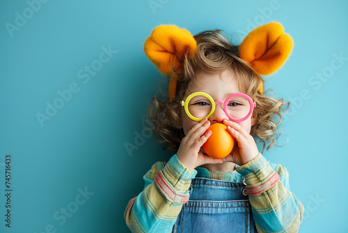 cute little child with bunny ears holds Easter eggs by the eyes, Easter holiday card with copy space