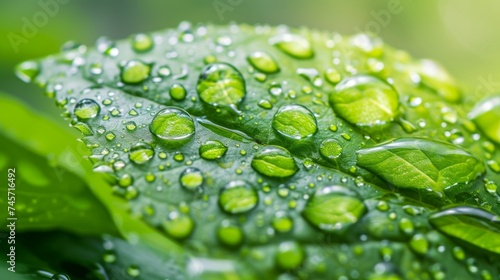 Beautiful and transparent rainwater drops capturing the essence of a green leaf in macro