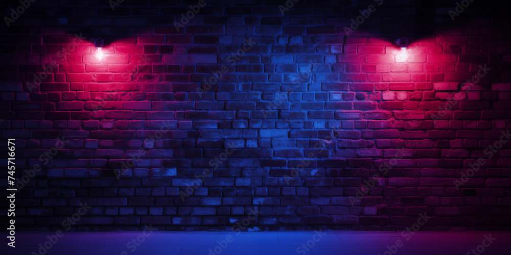 Neon light on brick walls that are not plastered background texture lighting effect red, blue and purple neon background, Brickwork texture