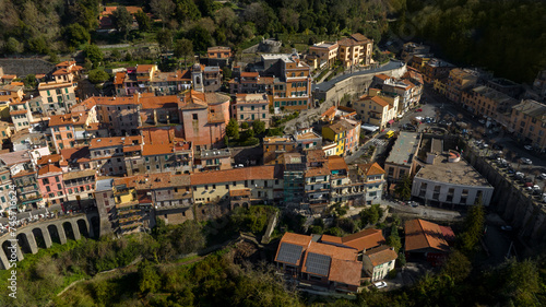 Aerial view of Nemi  a town and comune in the Metropolitan City of Rome  Italy. It is located in the Alban Hills. The historic center is included in the Castelli Romani regional park.
