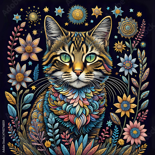 A colorful cat among wildflowers against a starry night sky. Multicolored illustration on black background.