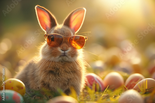Easter bunny in sunglasses sitting surrounded easter eggs on the meadow