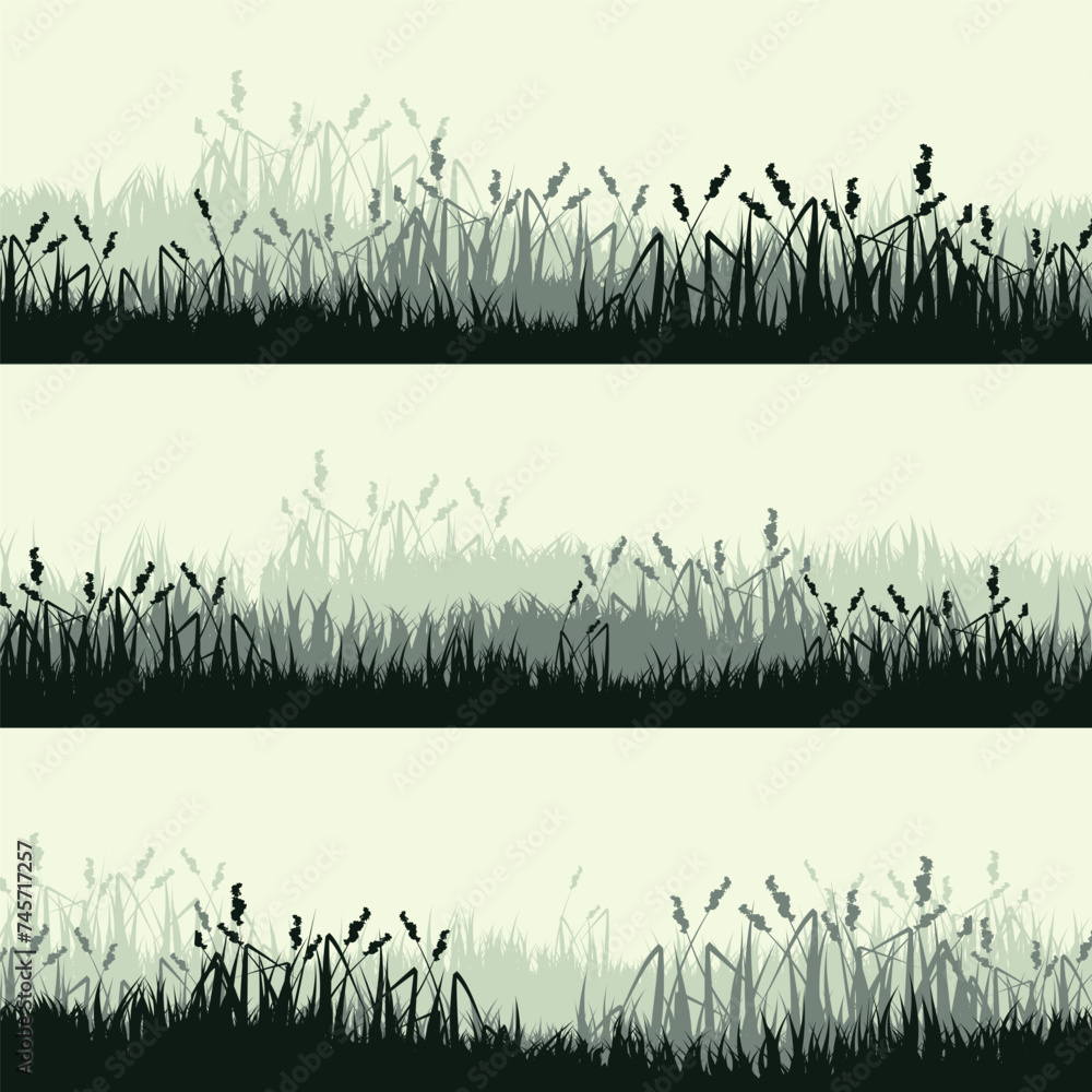Meadow silhouettes with grass, plants on plain. Panoramic summer lawn landscape with herbs, various weeds. Herbal border, frame. Nature background. Green horizontal banner. Vector illustration