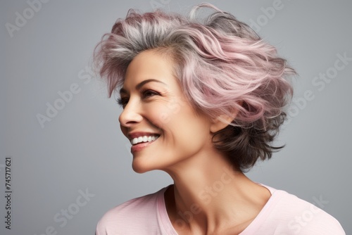 Portrait of a beautiful smiling woman with pink hair over grey background