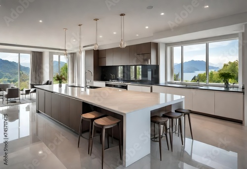 Beautiful luxury kitchen and dining room with view windows-