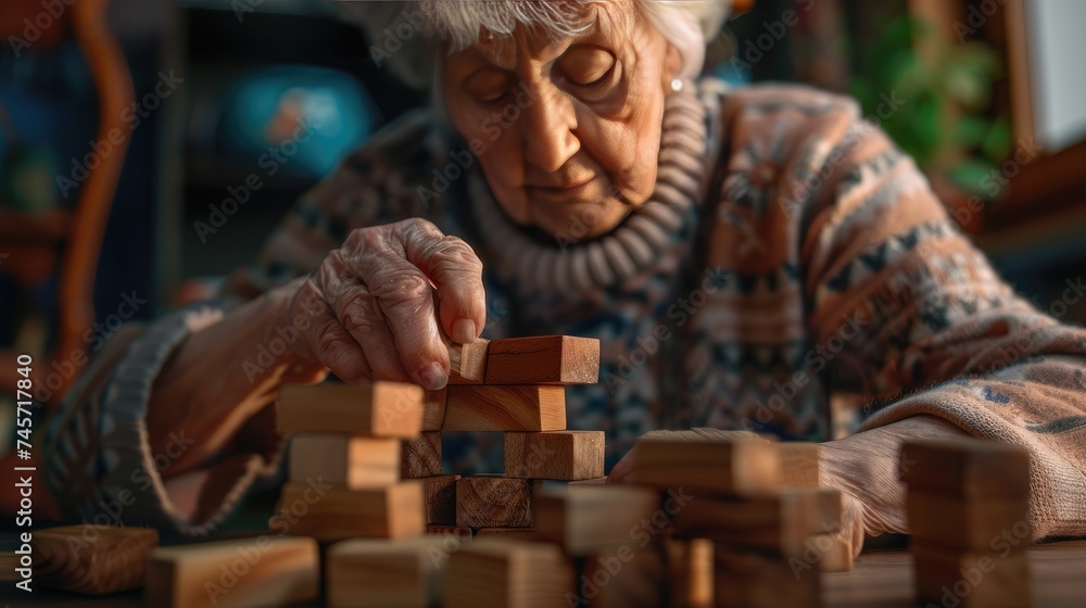 Elderly Woman Concentrating on Wooden Block Game, Symbolizing Mental Agility