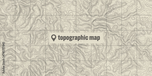 Topographic map with contour lines. Geographic terrain grid, relief height elevation. Ground path pattern. Travel and navigation, cartography design element. Vector illustration
