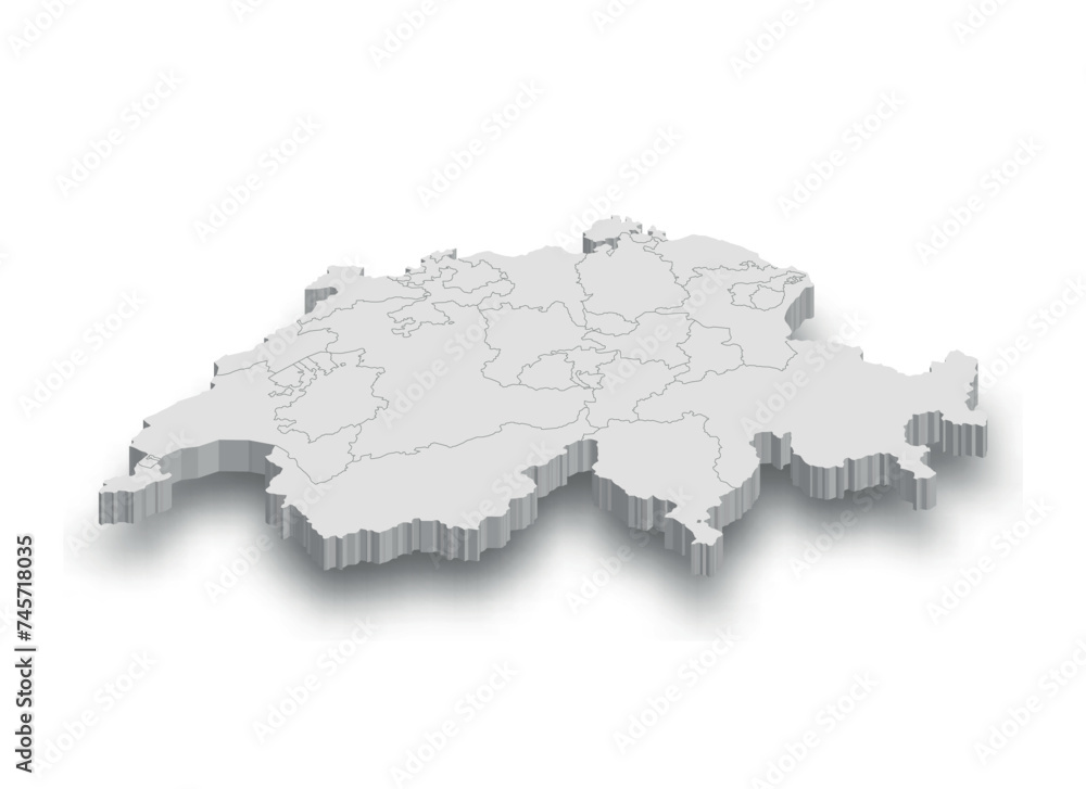 3d Switzerland white map with regions isolated
