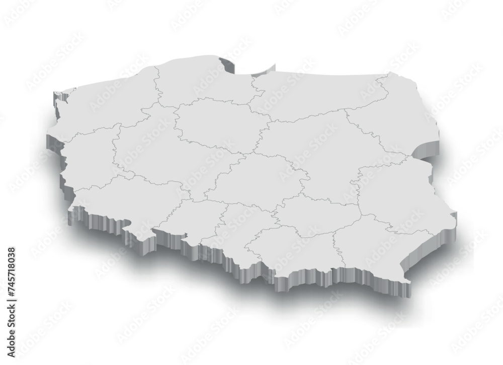 3d Poland white map with regions isolated