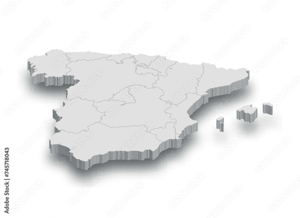 3d Spain white map with regions isolated