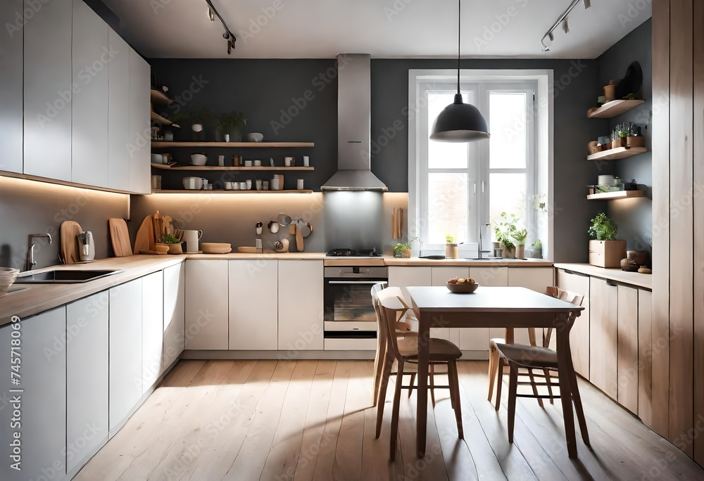 Small cozy kitchen with modern scandinavian looking design, beautiful interior-