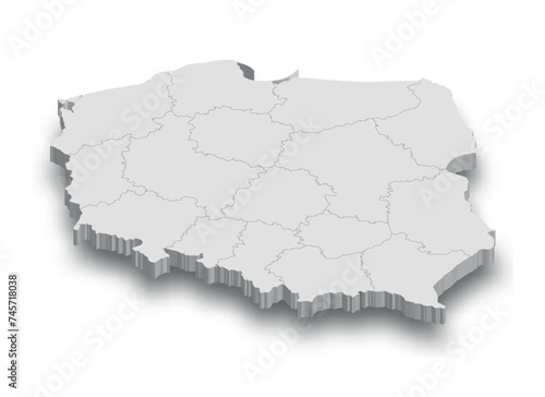 3d Poland white map with regions isolated