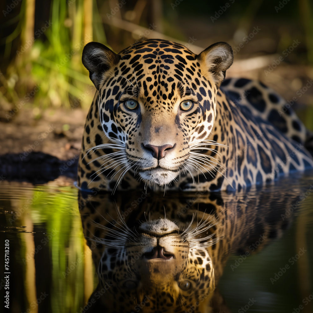 Obraz premium Jaguars | More Than Just Land Dwellers - A Captivating Portrait of a Jaguar in Water | World Wetlands Day