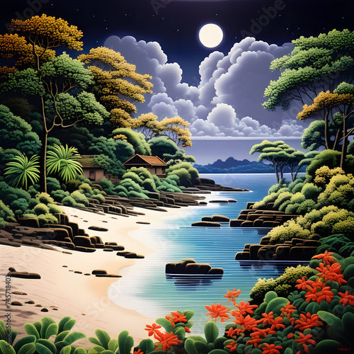 sunset or moonset in the sky ,tree,rever,flower,might night beground. generative AI