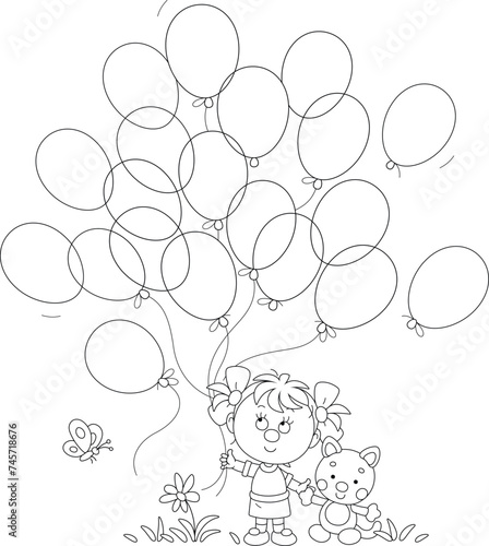 Happy little girl with a funny toy cat and holiday balloons happily smiling and walking in a summer park, black and white outline vector illustration for a coloring book