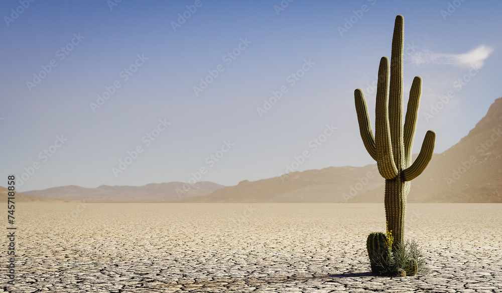 a single large cactus and a few other plants in a dry lake or desert - 3D illustration
