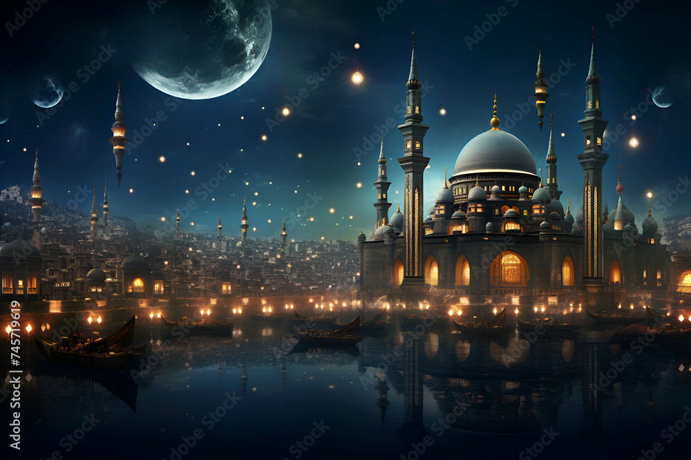 Ramadan Kareem background with mosque. moon and reflection in water