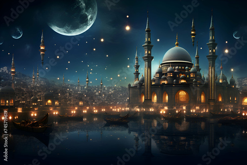 Ramadan Kareem background with mosque. moon and reflection in water