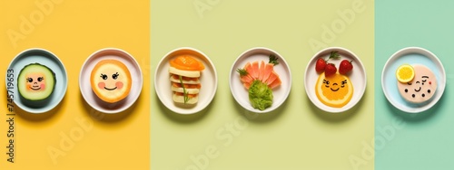 A shot of different foods in plates isolated funny food for kids concept Generative AI