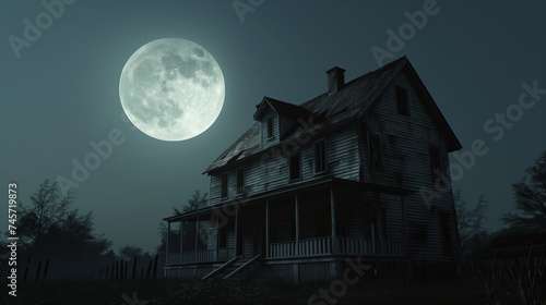 Gothic Full Moon Night with Flock of Birds over Eerie Old House: Photorealistic Haunted House Concept with Spooky Atmosphere