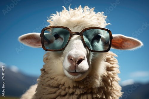A shot of funny sheep wearing sunglasses Generative AI © Saim Art